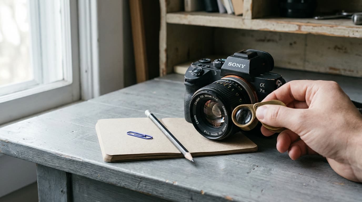 A used camera body and lens being inspected on a clean surface