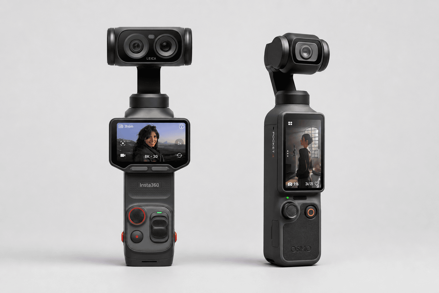 Insta360 Luna Ultra and DJI Osmo Pocket 4 standing side by side in a neutral studio