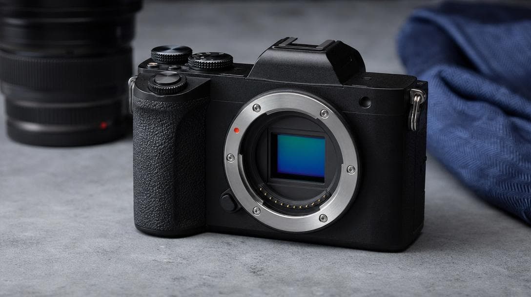A mirrorless camera body with the lens removed and the imaging sensor exposed