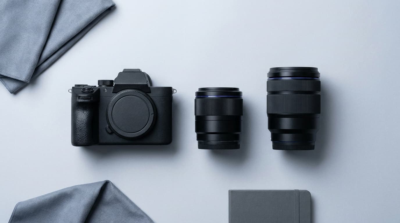 Camera body and two lenses arranged on a tabletop