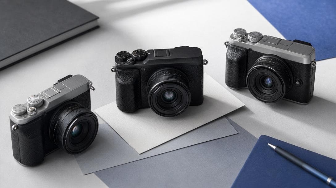 A lineup of compact mirrorless cameras on a cool surface
