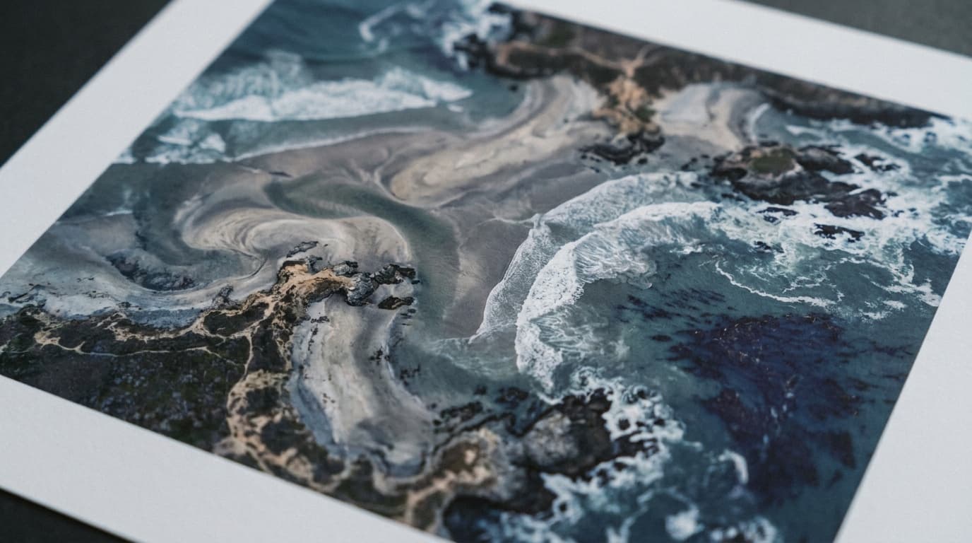 A top-down aerial of a winding coastline