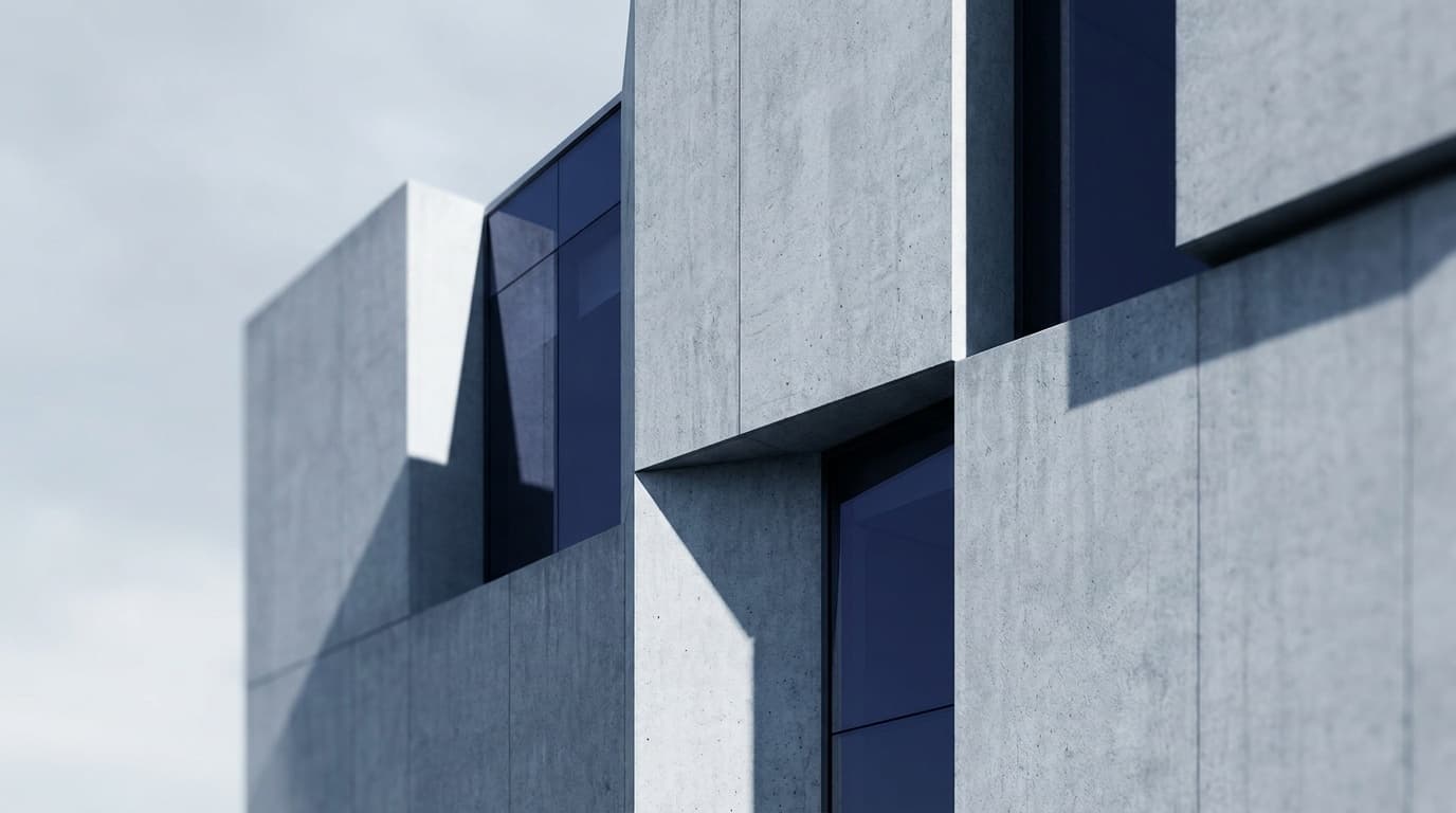 A modern building facade with bold geometry and strong light