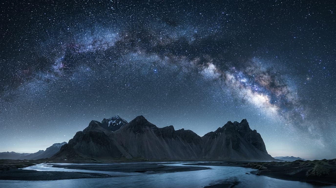 The Milky Way arching over a dark mountain landscape