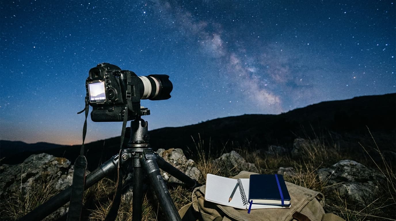 The Milky Way over a dark landscape with a camera on a tripod
