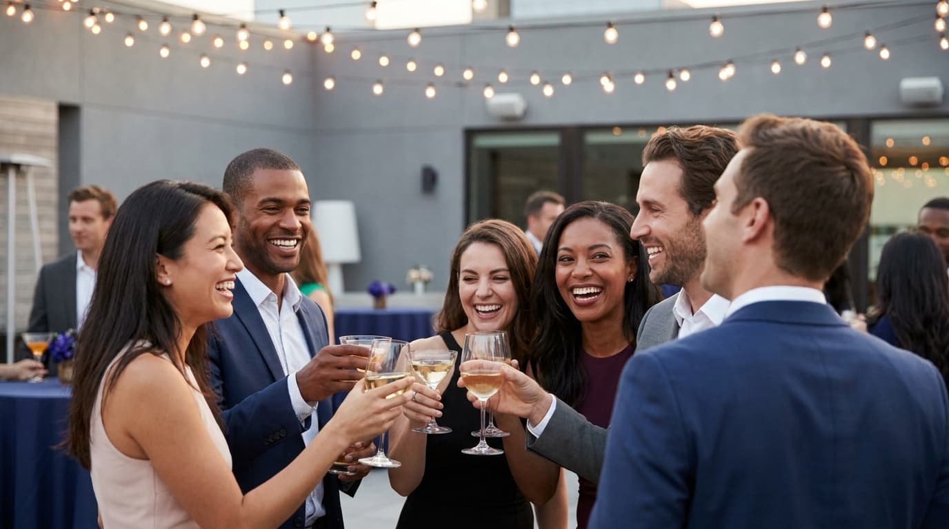 A candid celebration at an evening reception in warm light