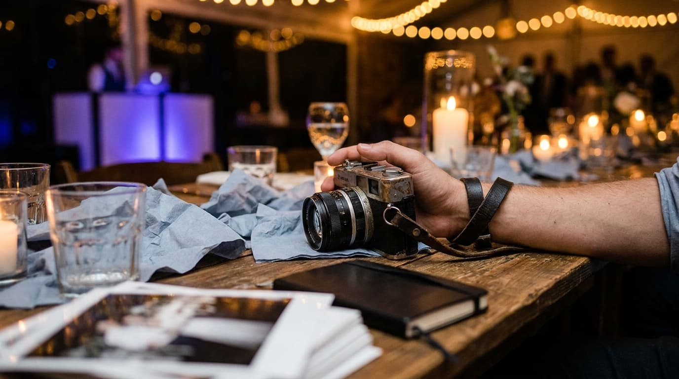 A candid event reception in warm low light