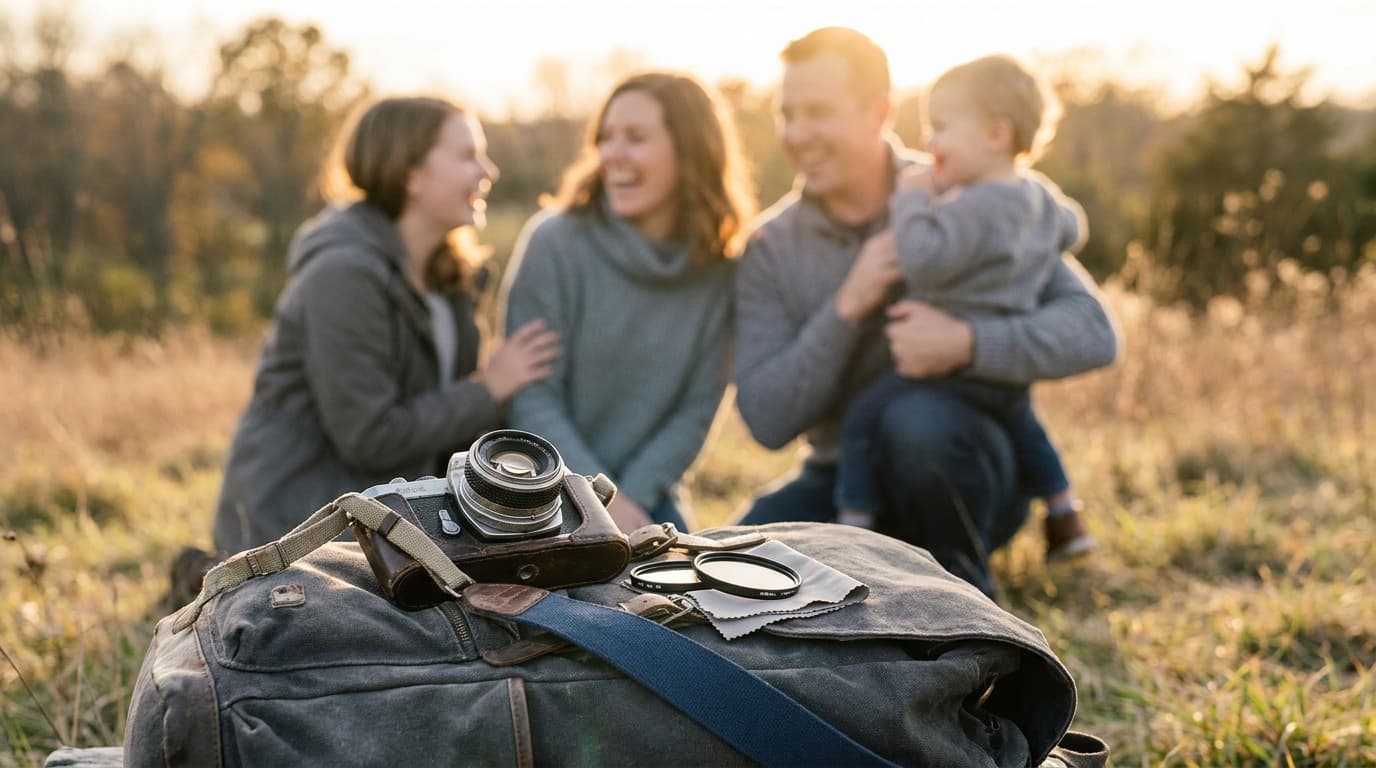 A relaxed family group photographed in soft outdoor light at the end of the day
