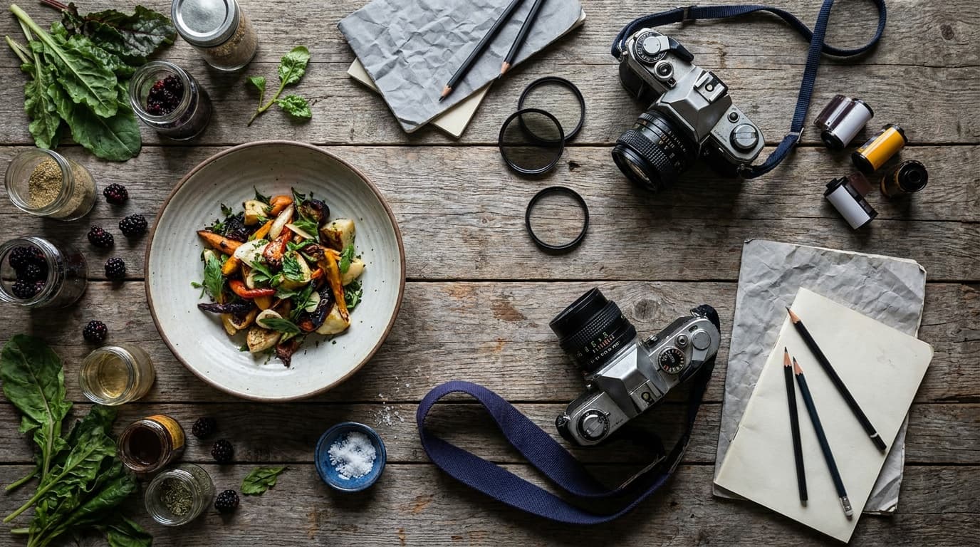 A styled plate of food in soft side light against a clean neutral surface
