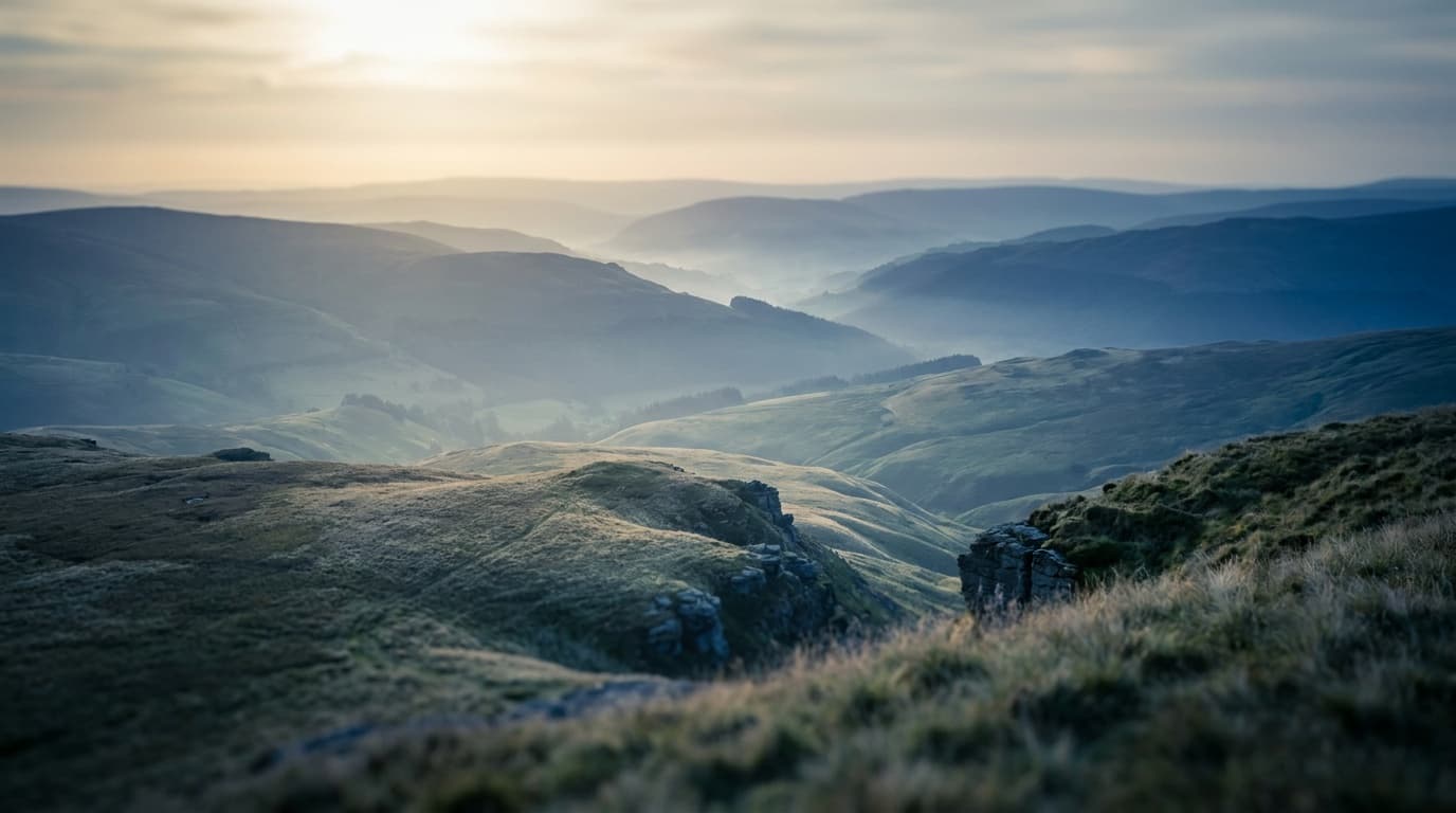 A sweeping valley landscape in soft golden light