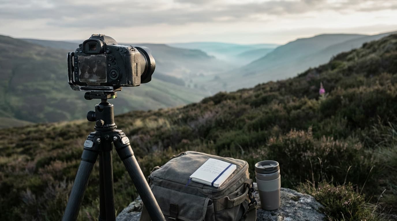 A camera on a tripod overlooking a valley in soft light