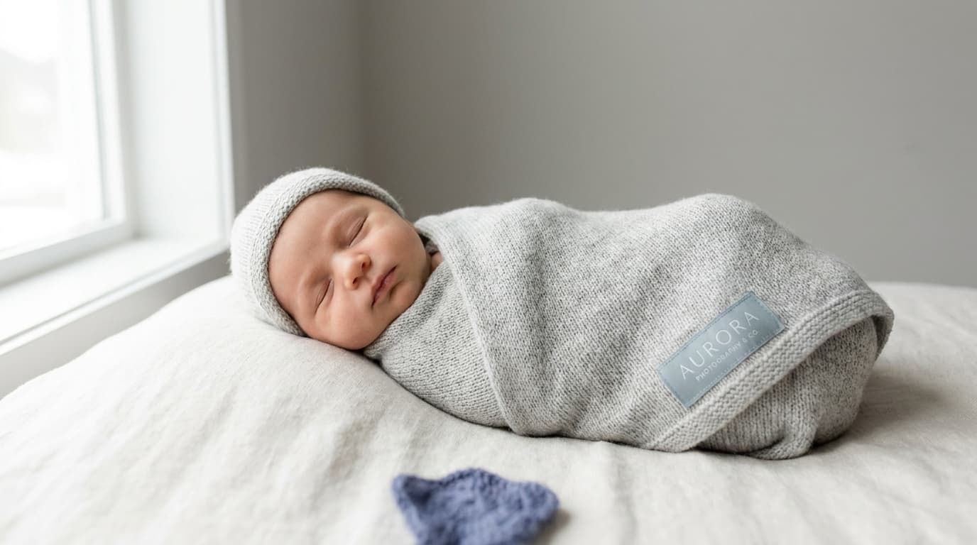 A sleeping swaddled newborn in soft window light