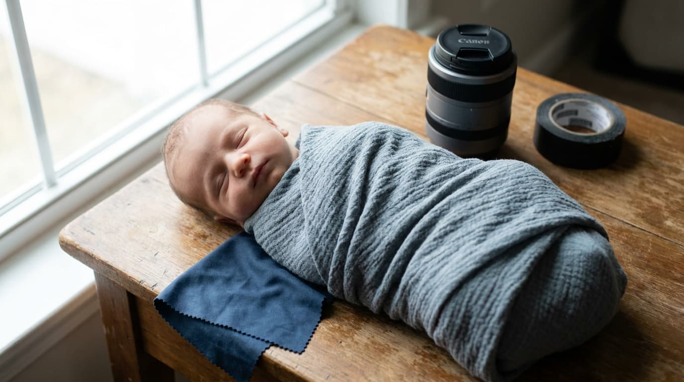 A sleeping newborn in soft window light on a neutral wrap, an adult hand steadying the pose