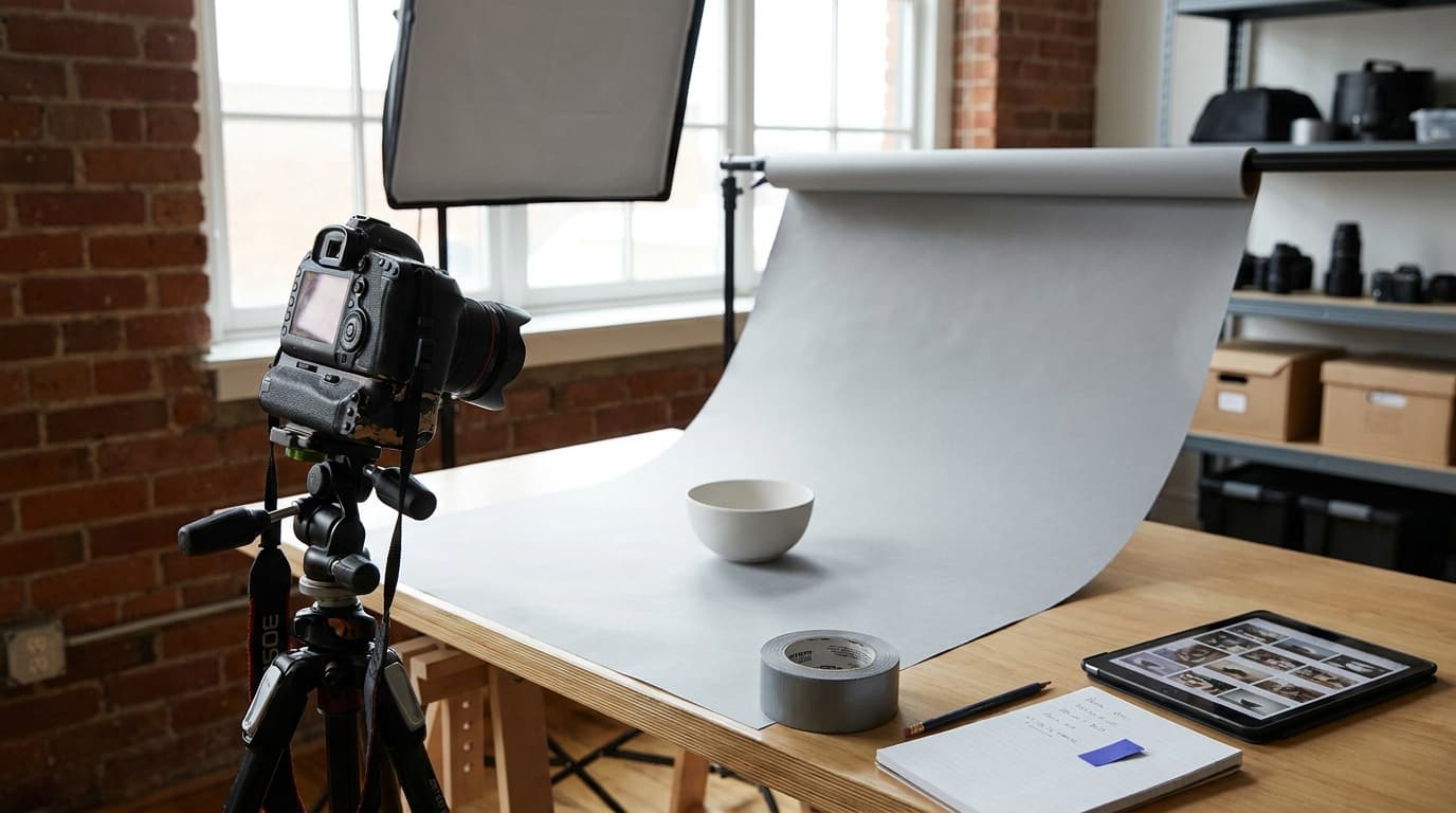 A clean product photography tabletop with controlled soft light