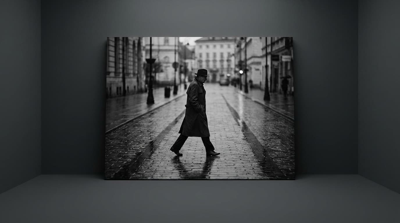 A candid figure moving through light on a wet city street