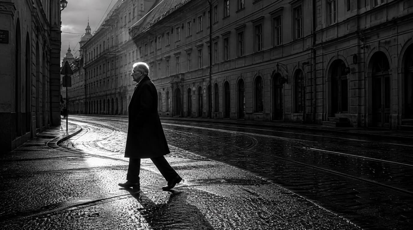 A candid figure moving through light on a wet city street