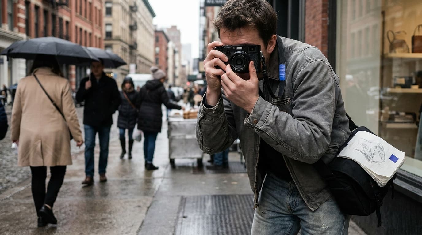 A photographer shooting candidly on a wet city street