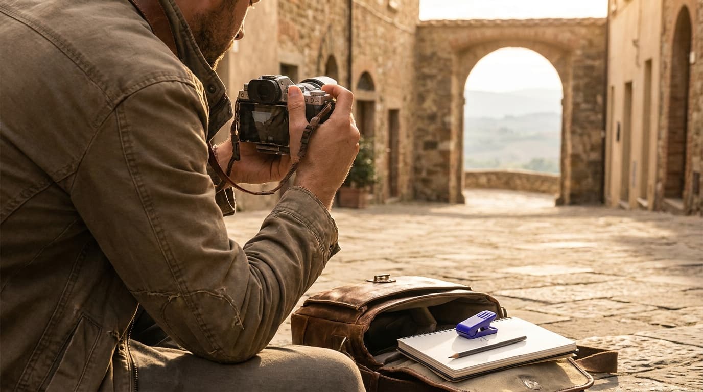 A traveler photographing a scenic destination in golden light