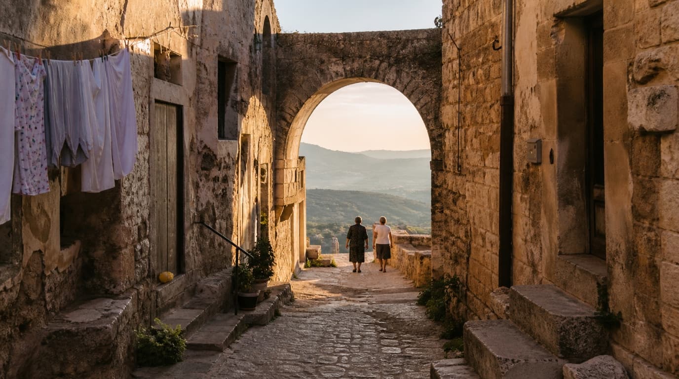 Two residents walking through an old stone hill town at first light