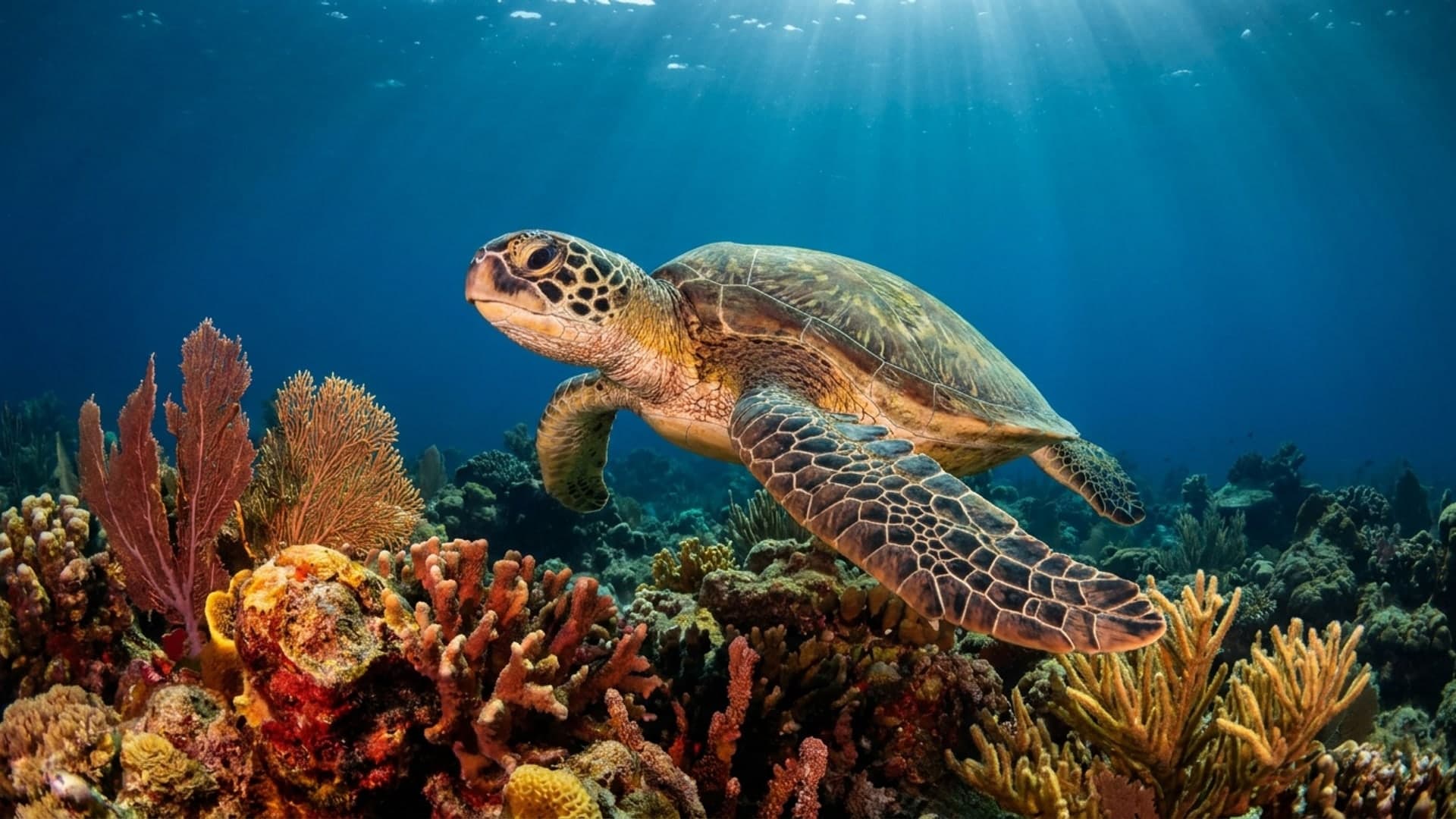 A green sea turtle gliding over a colorful shallow coral reef with sun rays in blue water