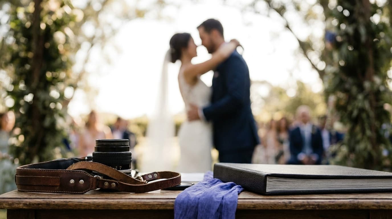 A wedding couple in soft late-afternoon light with a quiet background