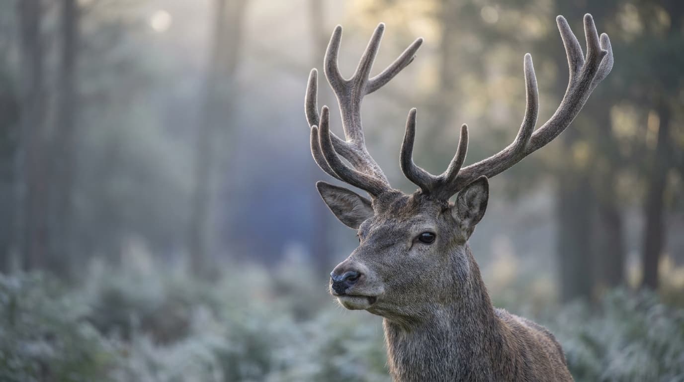 A wild deer stag in its natural misty habitat at golden light