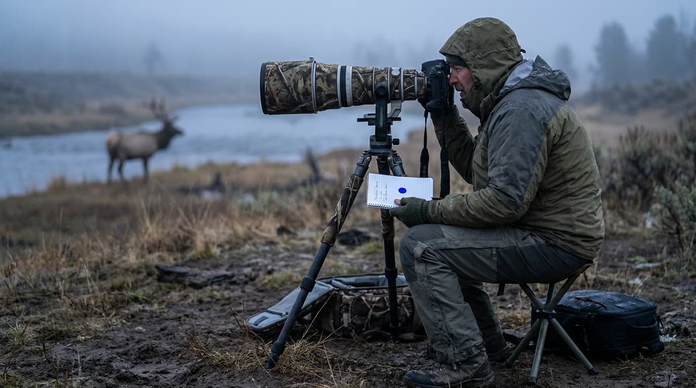 A wildlife photographer with a long telephoto lens in natural habitat