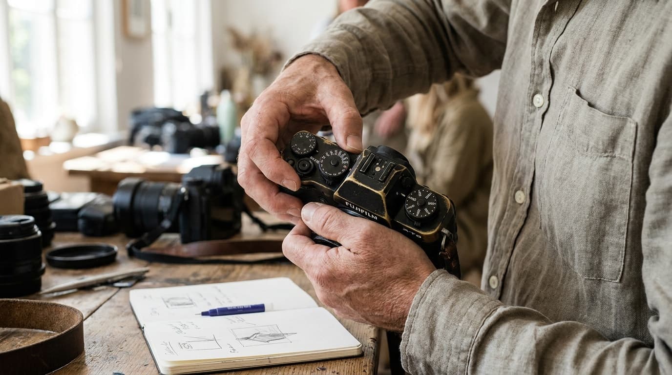 Hands turning a camera mode dial, choosing between aperture and shutter priority
