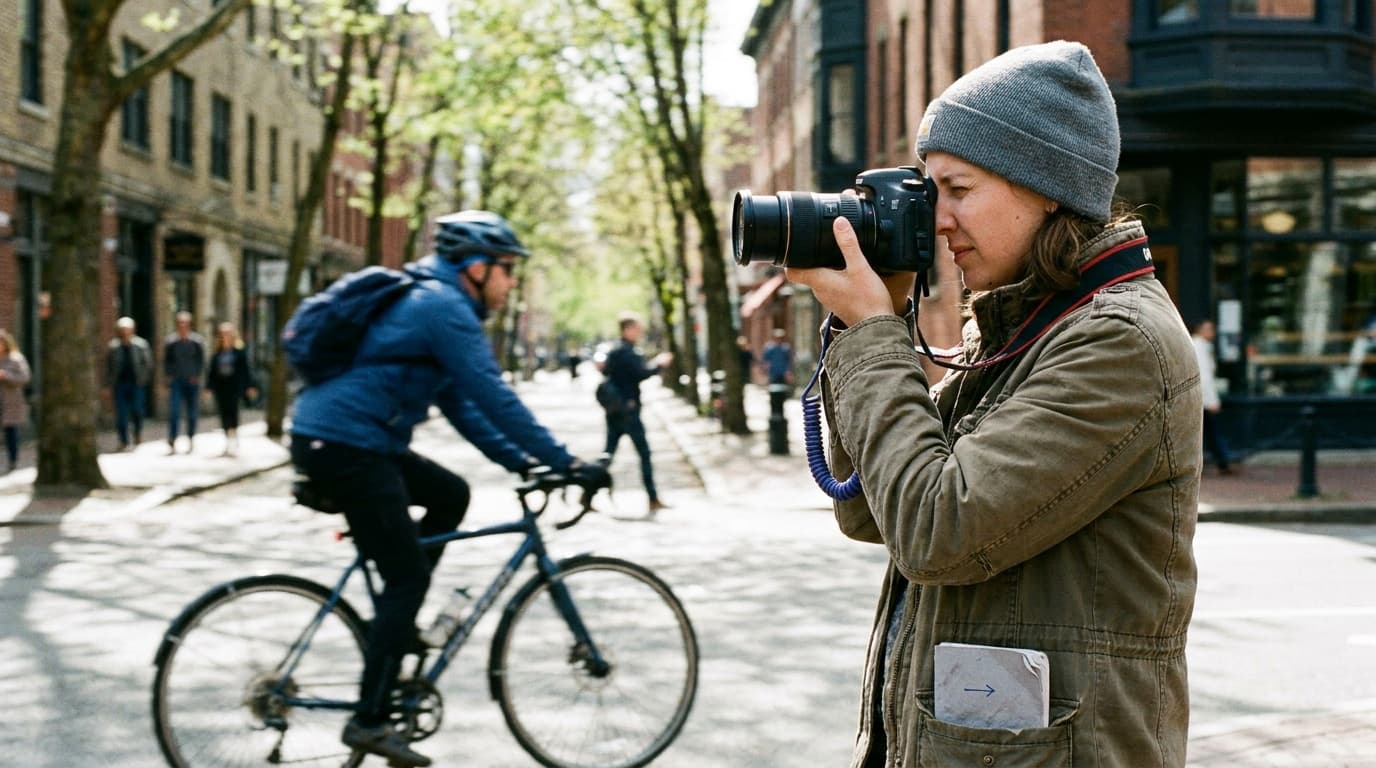A photographer tracking a moving subject with continuous autofocus