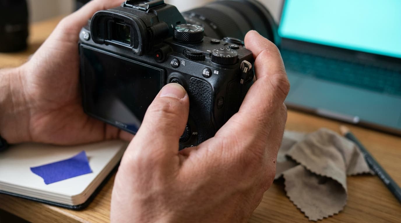 A thumb pressing the rear AF-ON button on a mirrorless camera