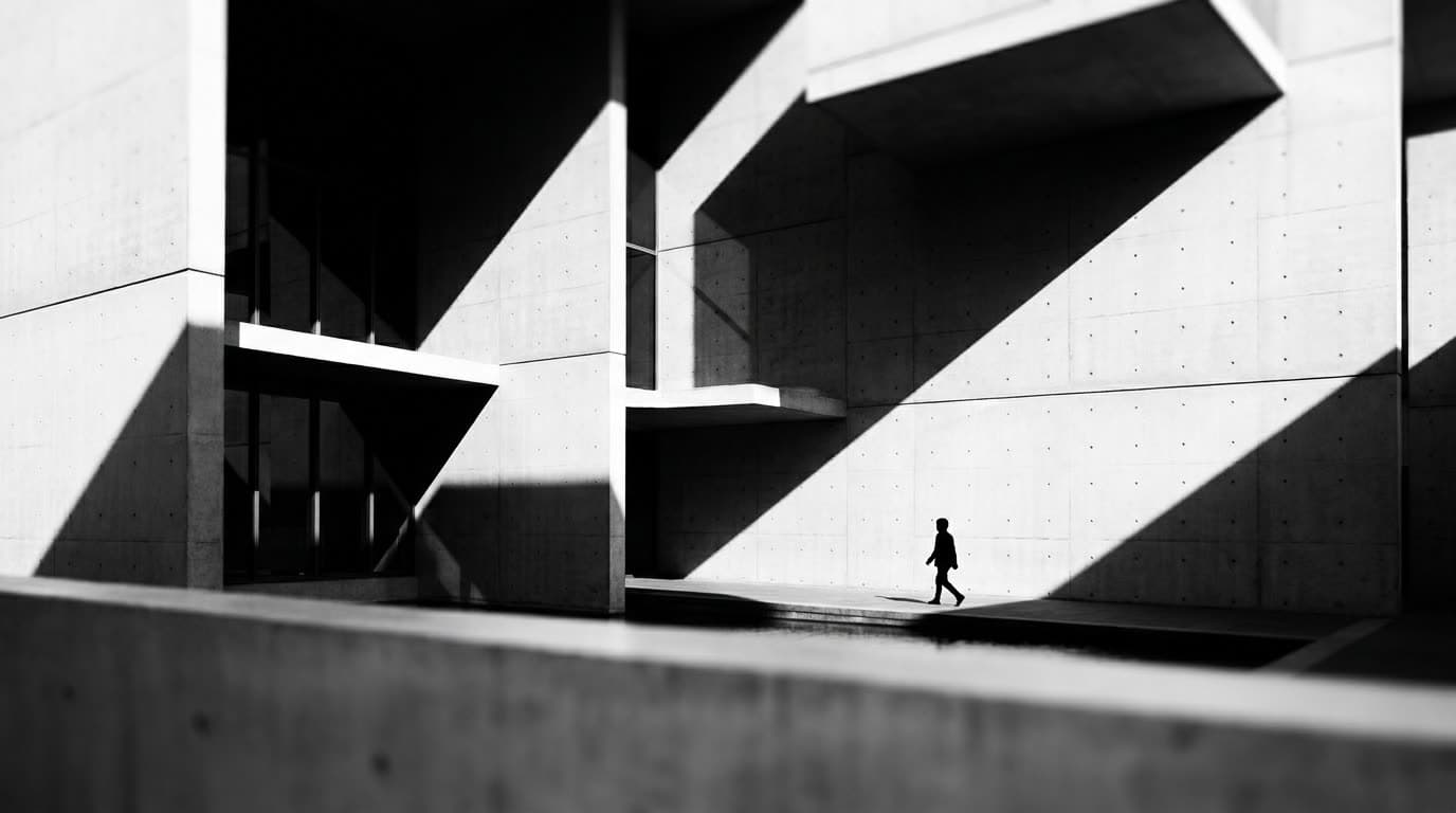 A high-contrast black and white street scene