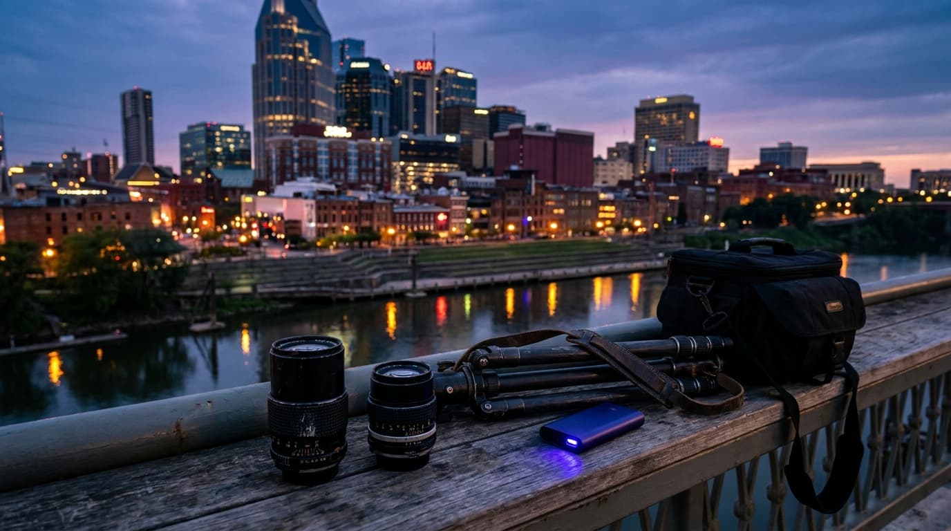 A city skyline at blue hour with a deep cobalt sky balanced against warm glowing windows and streetlights