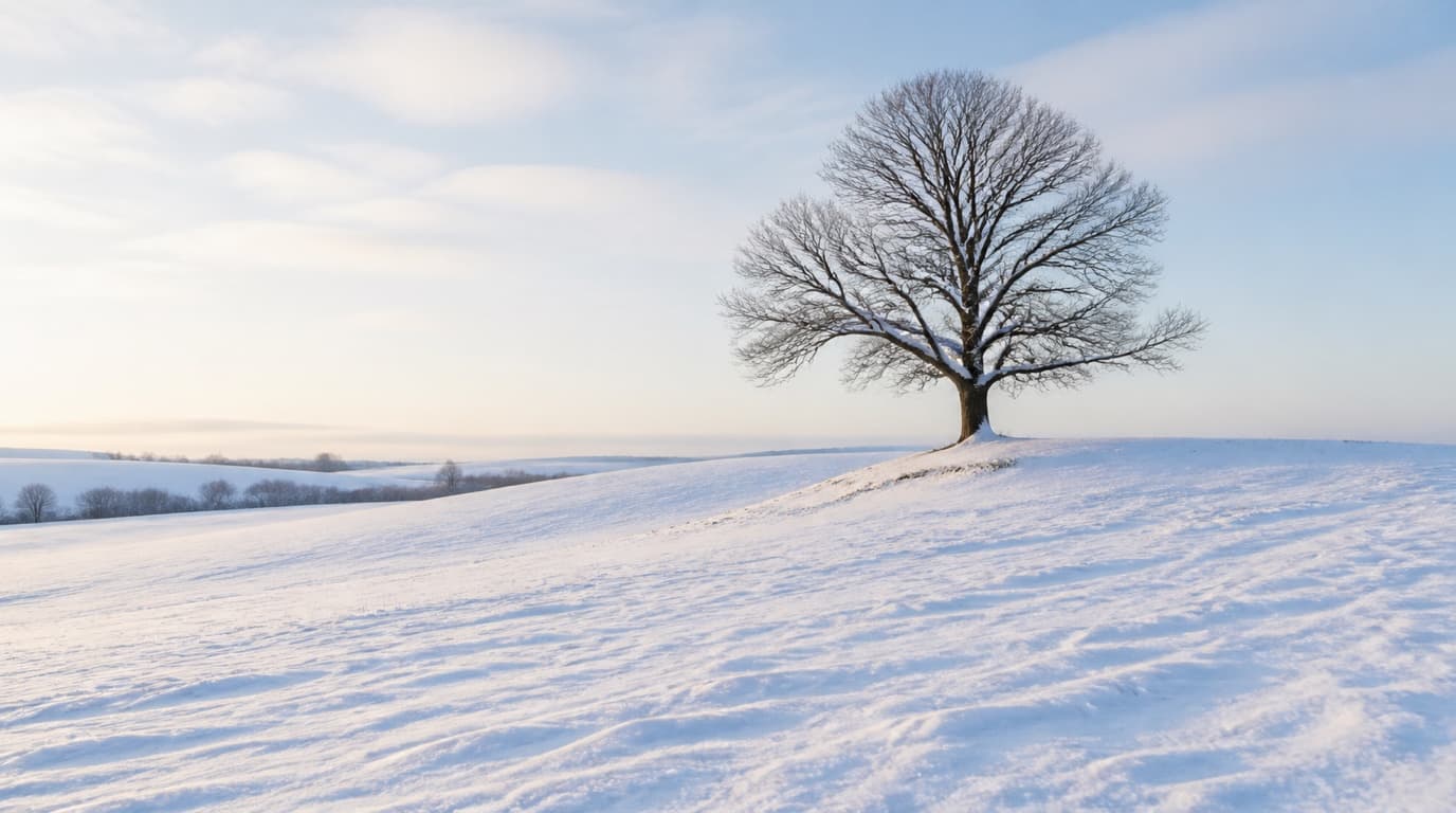 A bright snowy winter landscape with a lone tree
