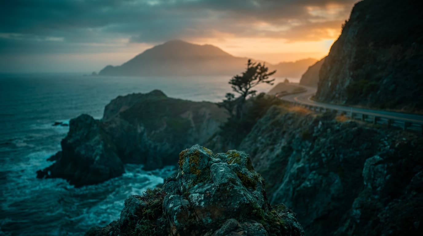 A landscape with a cinematic teal and orange color grade