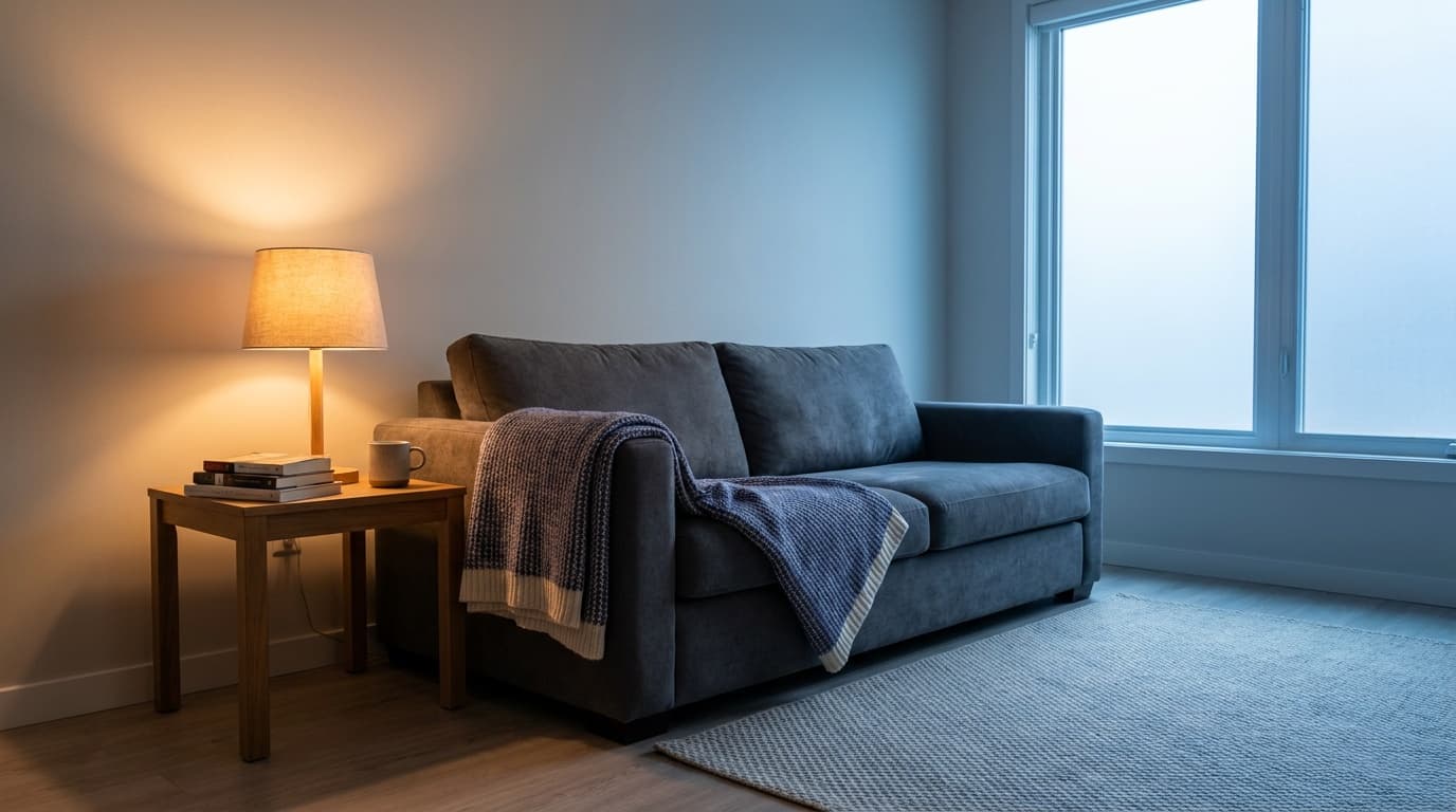 An interior showing warm tungsten light against cool blue window light