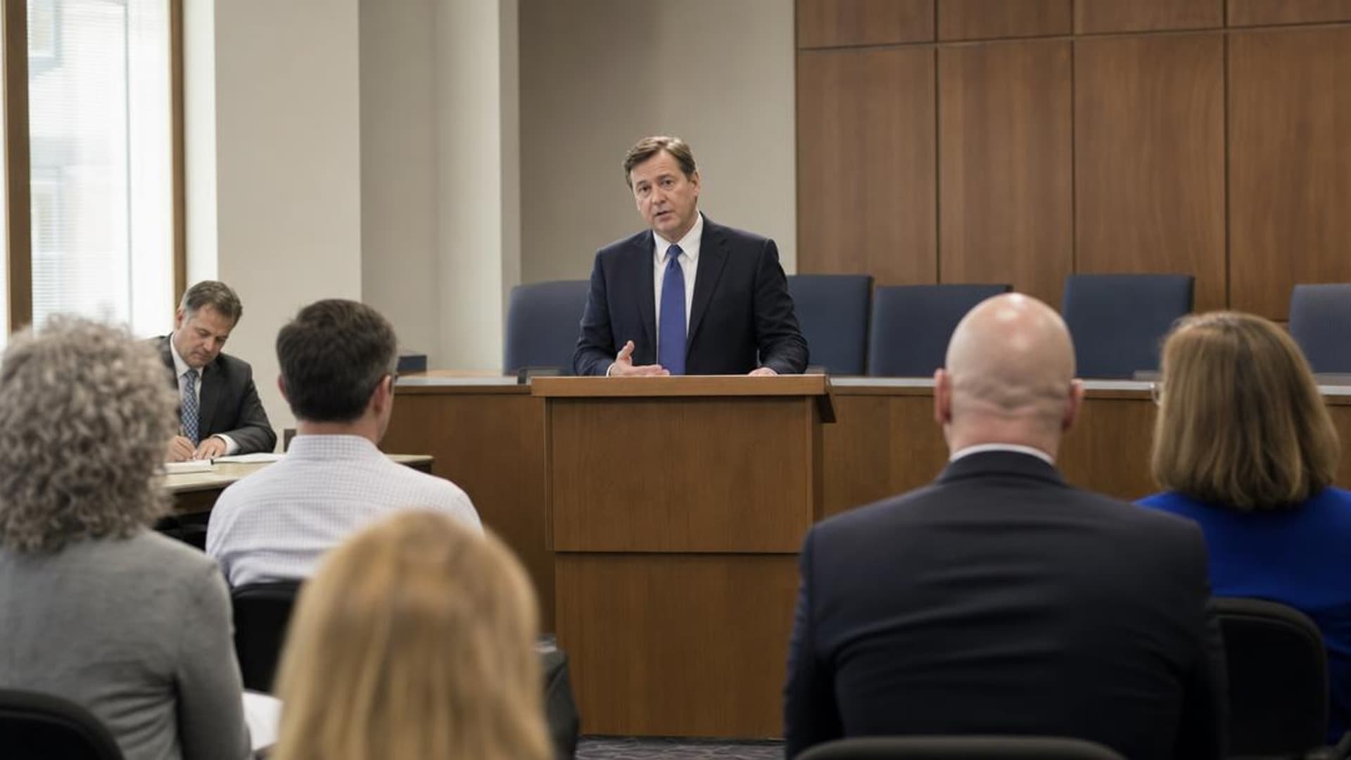 A documentary-style city council briefing with a speaker at a lectern and an audience in the foreground