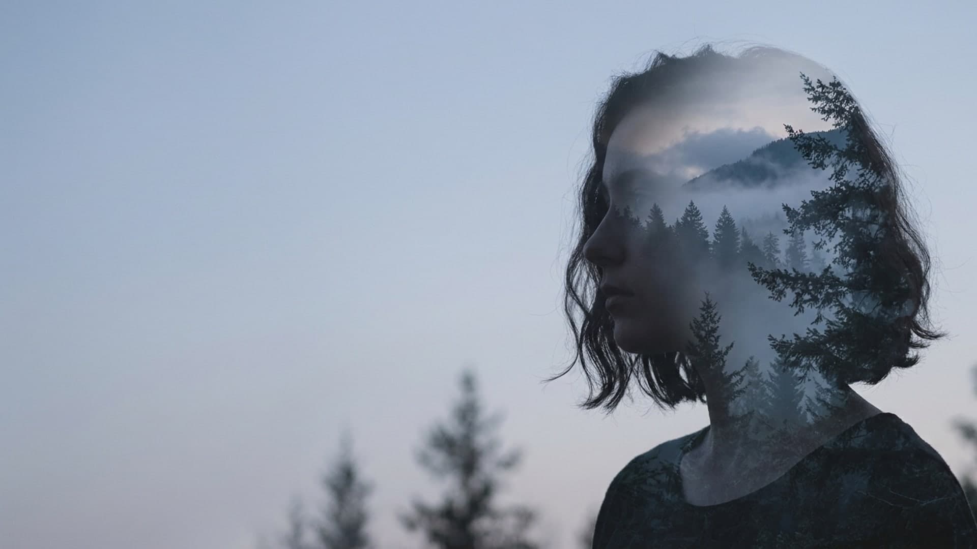 A double exposure of a woman in profile with a misty pine forest and mountain ridge blended inside her silhouette