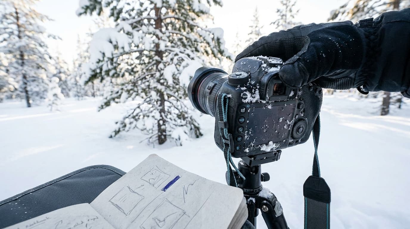 A bright snowy scene exposed so the snow reads white, a hand on the exposure dial