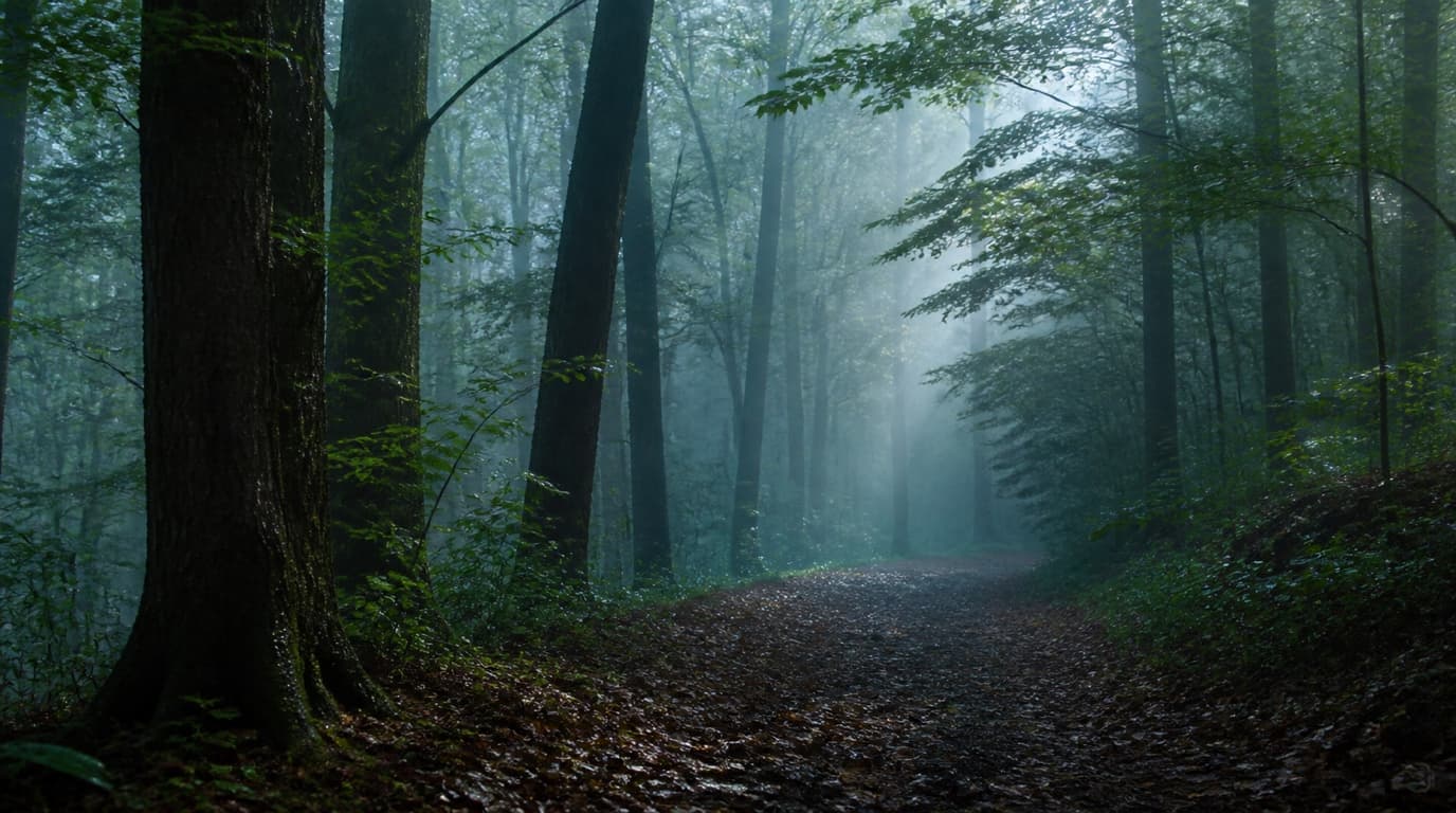 A misty forest at dawn with layered trees