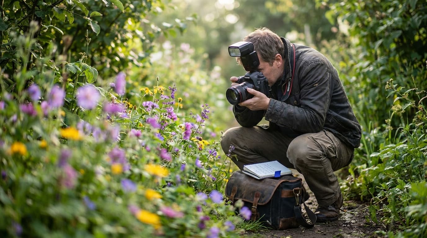 A photographer shooting flowers up close in a garden in soft morning light