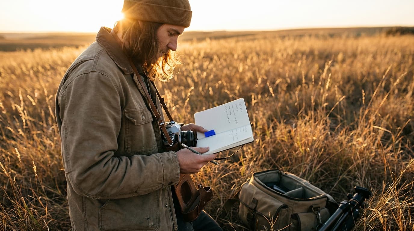 A photographer in a field backlit by a low golden-hour sun rimming the hair and shoulders