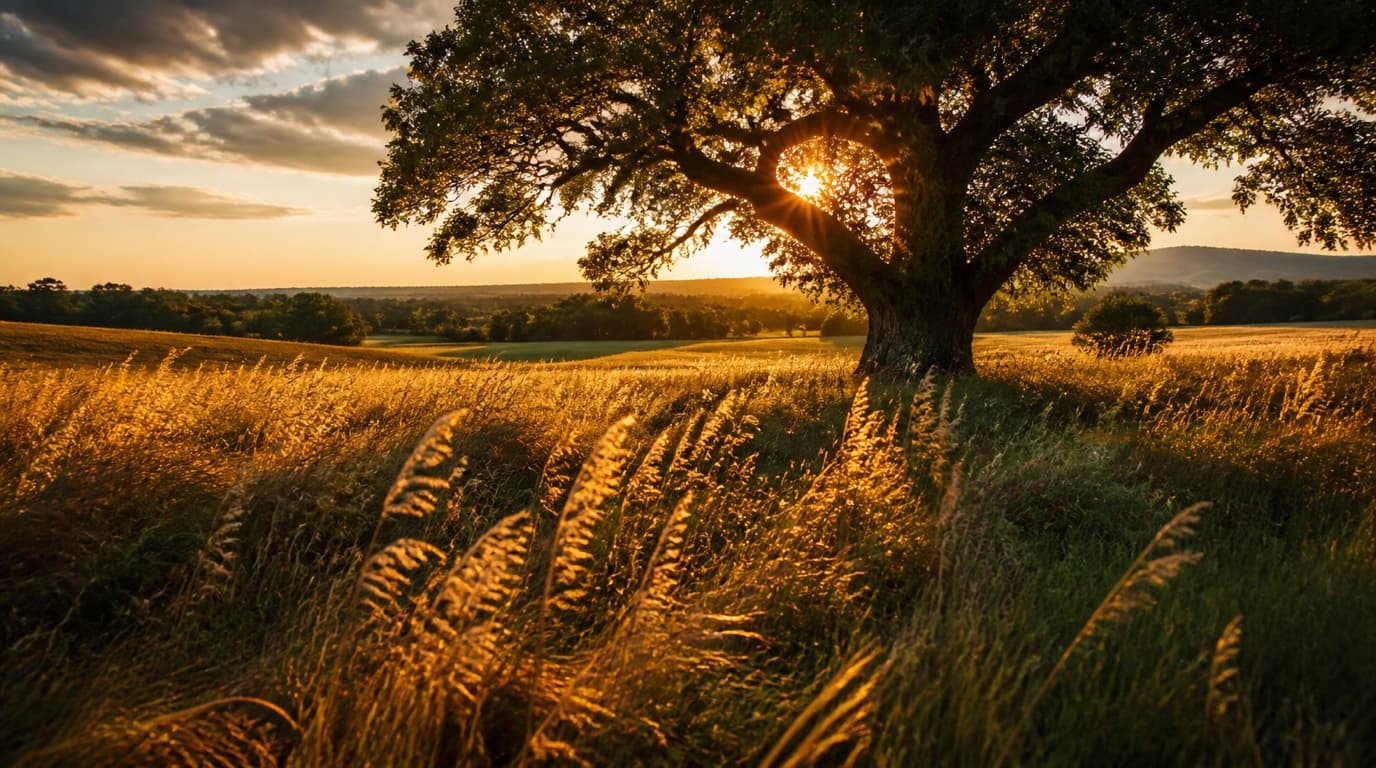 Photographer checking notes in a field during low golden light