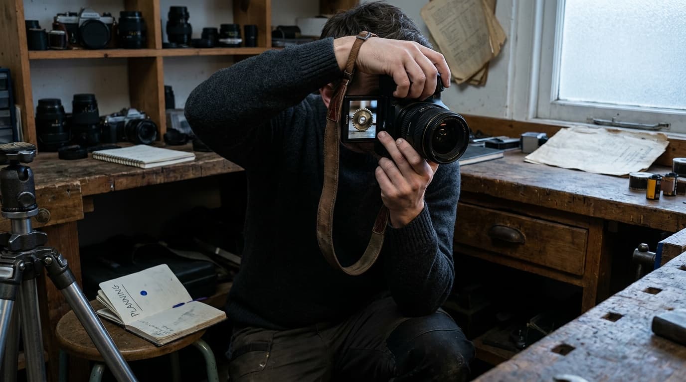 A photographer bracing a camera steadily in low light