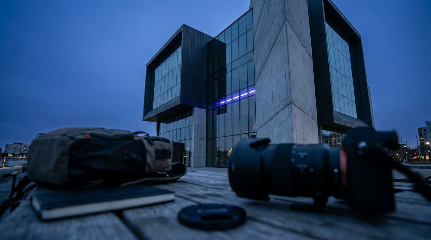 A modern building with strong lines at blue hour