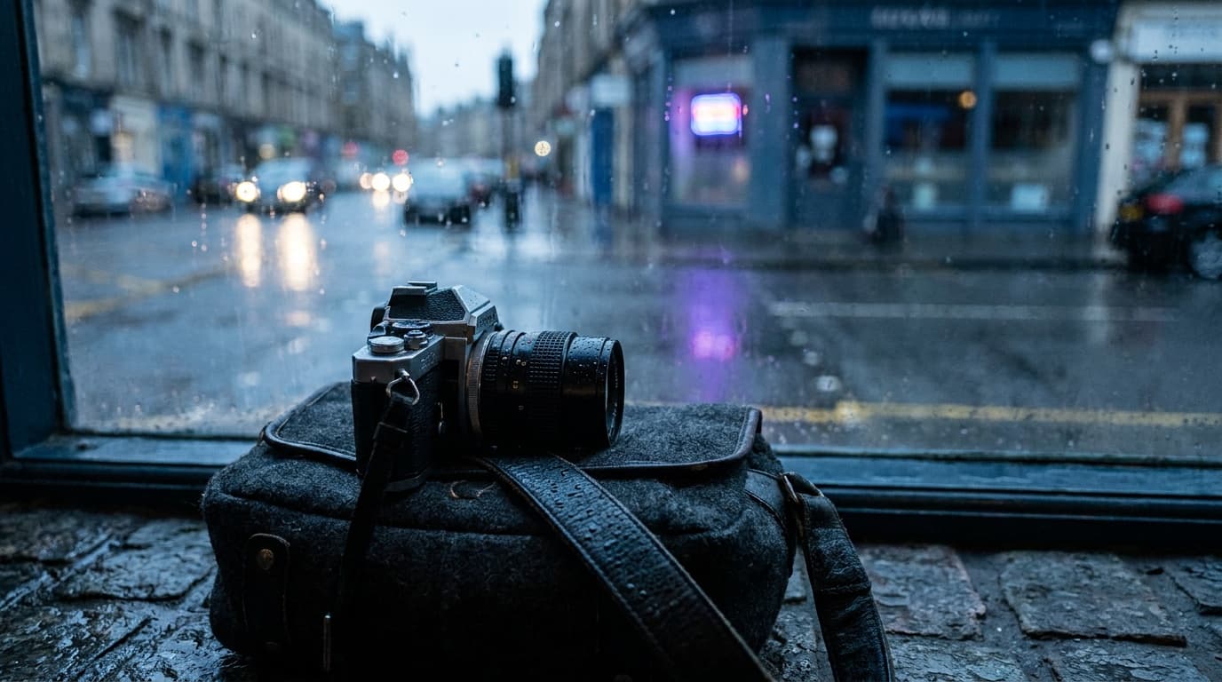 A rainy city street with reflections and bokeh