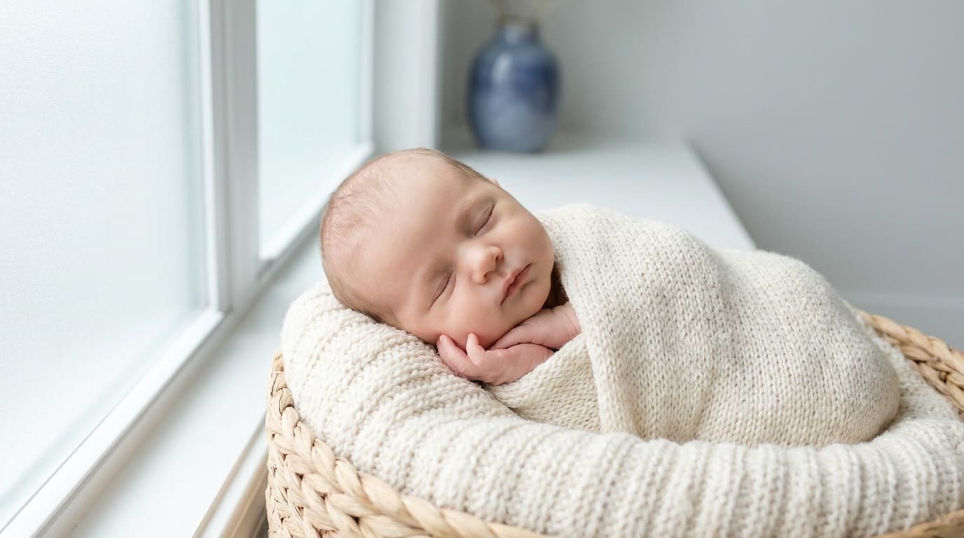 A sleeping newborn wrapped in a soft blanket in warm window light