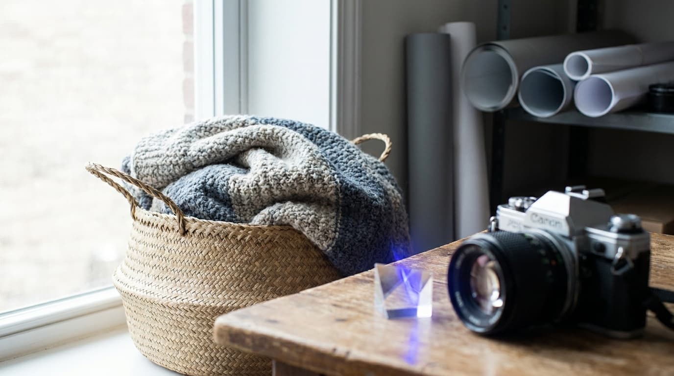 A soft newborn photo setup with blanket and basket, no people