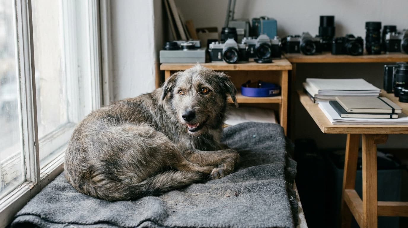 A happy dog in soft light with sharp eyes