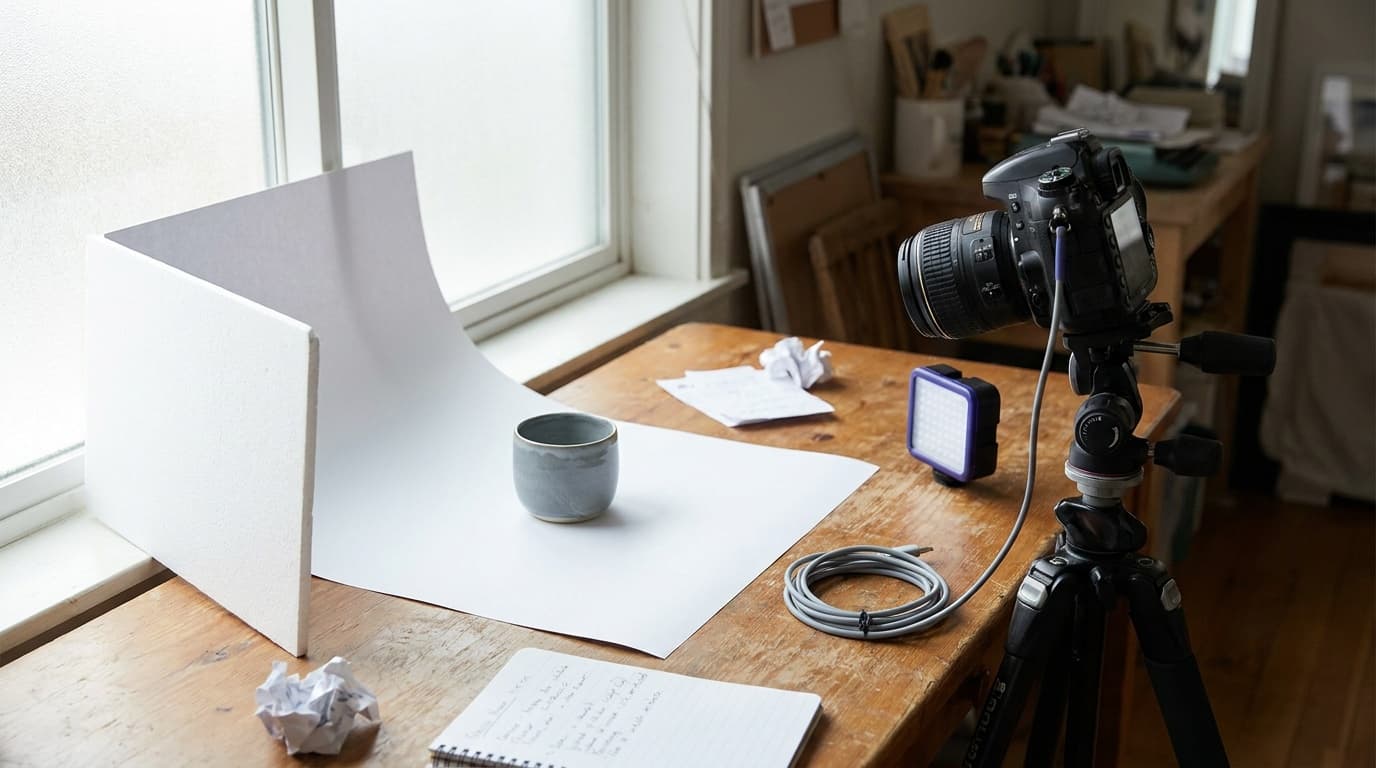 A DIY home product photo setup with a sweep and reflector