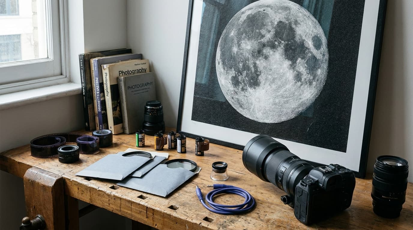 A large detailed full moon in a black sky